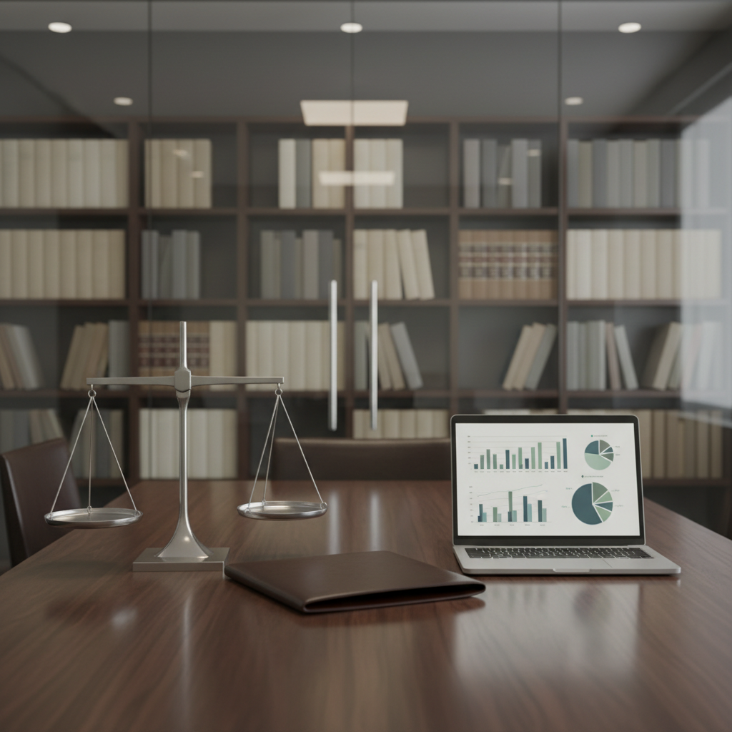A polished oak conference table with a minimalist arrangement of objects symbolizing business law: a balanced metal scale without figurative details, a closed dark leather portfolio, and a slim laptop displaying an abstract, non-readable dashboard of business charts. In the background, a large glass wall reveals shelves of neatly ordered legal volumes in neutral tones, spines without text. Soft, diffused overhead lighting combines with faint daylight from an unseen window, casting subtle reflections across the table surface. Shot from a slightly elevated angle in photographic realism, the composition uses the rule of thirds to place the scale prominently, creating a composed, stable atmosphere that conveys structured legal support for corporate and commercial operations.