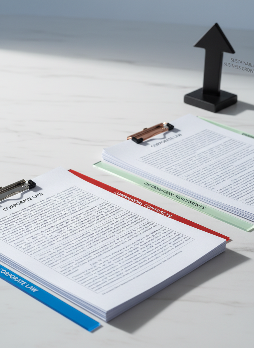 A close-up photographic scene of a pristine white marble surface where three distinct piles of neatly clipped documents represent corporate law, commercial contracts, and distribution agreements. Each stack is separated by slim, colored acrylic dividers and anchored by discreet metal clips, with pages showing non-legible grids and paragraphs. A small, matte black desk sculpture in the shape of an abstract, upward arrow suggests sustainable business growth. Cool, even daylight from the left creates crisp highlights on the marble and soft shadows behind each stack. Captured from a low, side angle with a shallow depth of field, the foreground documents are in sharp focus while the back edge fades into gentle blur, giving a precise yet calm impression of organized, tailored legal services.